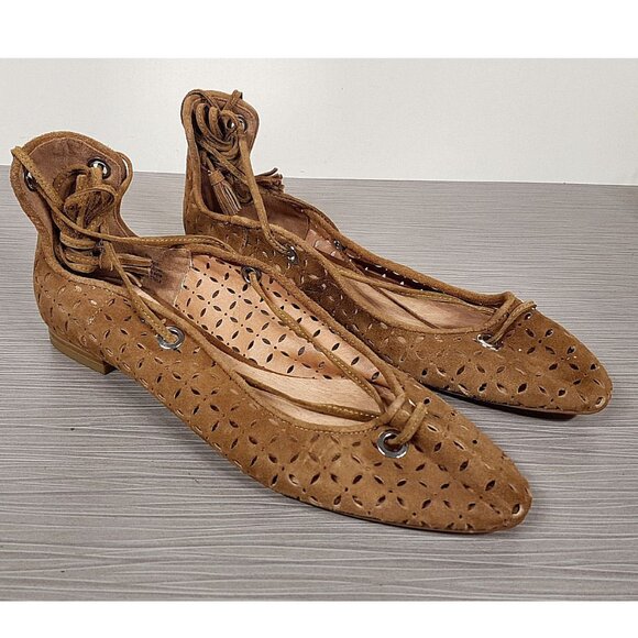 Halogen Nella Ghillie Flat, Cognac Perforated Leather, Womens Various Sizes - Picture 2 of 7